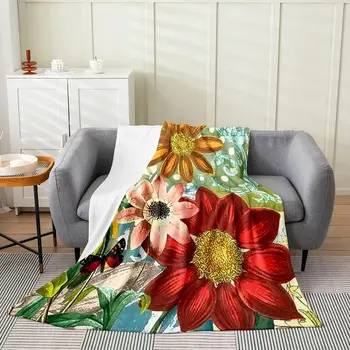 Плюшевое одеяло с ботаническим цветочным рисунком, всесезонный узор 