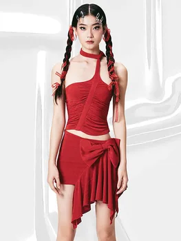 Привлекательная Летняя модная женская одежда, Мини-юбка, комплект из двух предметов, Асимметричный дизайн на шее, сексуальный стиль Spice Girls