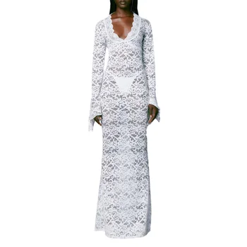 Прозрачное вечернее платье с длинным рукавом и V-образным вырезом, кружевное вечернее платье с цветочным рисунком, женское длинное приталенное платье