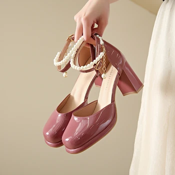 Розовая женская обувь Mary Jane на высоком каблуке, осенняя новинка, винтажные французские тонкие туфли в стиле Лолиты с жемчугом, sweet cool girl must-have