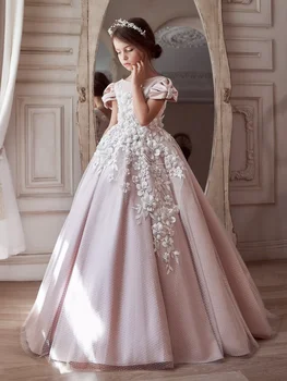 Розовые платья для девочек в цветочек, Атласный тюль, Белые цветы, Узорчатая вышивка, короткий рукав Для свадьбы, банкета, дня рождения, платья для принцесс