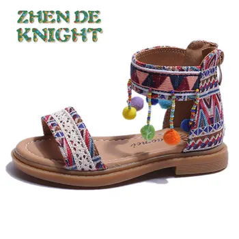 Сандалии для девочек в этническом стиле, летняя новинка 2023 года, пляжная обувь на мягкой подошве с кисточками, повседневная обувь принцессы