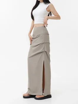 Светло-серая длинная юбка с разрезами и низкой посадкой, прямые юбки макси длиной до щиколоток, женская модная одежда y2k, элегантная уличная одежда