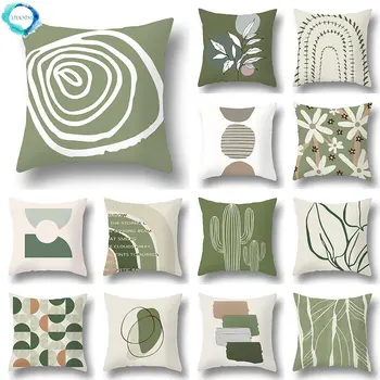 Серия декоративных домашних наволочек с геометрическим рисунком в виде зеленых листьев, квадратный офисный декоративный чехол для подушки