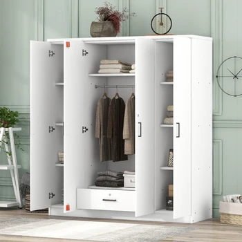 Современный 4-дверный шкаф для спальни с выдвижным ящиком, полками и подвесной рейкой, высокое качество, максимальное количество места для хранения, подходит для спальни