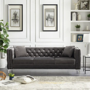 Современный бархатный диван шириной 82,3 дюйма, украшенный драгоценными камнями, с квадратными подлокотниками, с хохолком, серый, с 2 подушками в комплекте, для мебели для гостиной в помещении
