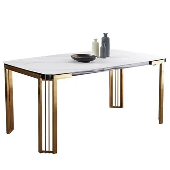 Современный минималистичный обеденный стол с кронштейном из нержавеющей стали, прямоугольный мраморный обеденный стол