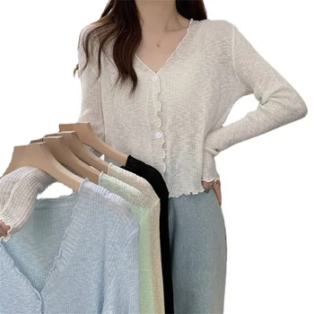 Тонкий однотонный кардиган, летний топ с длинным рукавом, короткая рубашка с оборками, Корейская мода, солнцезащитная одежда из ледяного шелка, женские топы