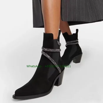 Черные ботильоны на толстом каблуке с обмоткой из ремня, женские ботинки на среднем каблуке без застежки с острым носком