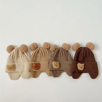 Шапочка с ушками мультяшного медведя, зимняя вязаная шапка для маленьких мальчиков и девочек, милые Корейские теплые детские шапочки крючком для малышей