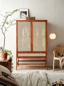 Шкаф из массива дерева в скандинавском ретро стиле, спальня, домашний шкаф для хранения из ротанга, минималистичный